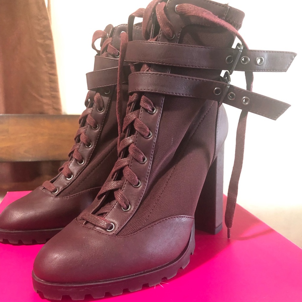 Burgundy Combat Style Heeled Booties